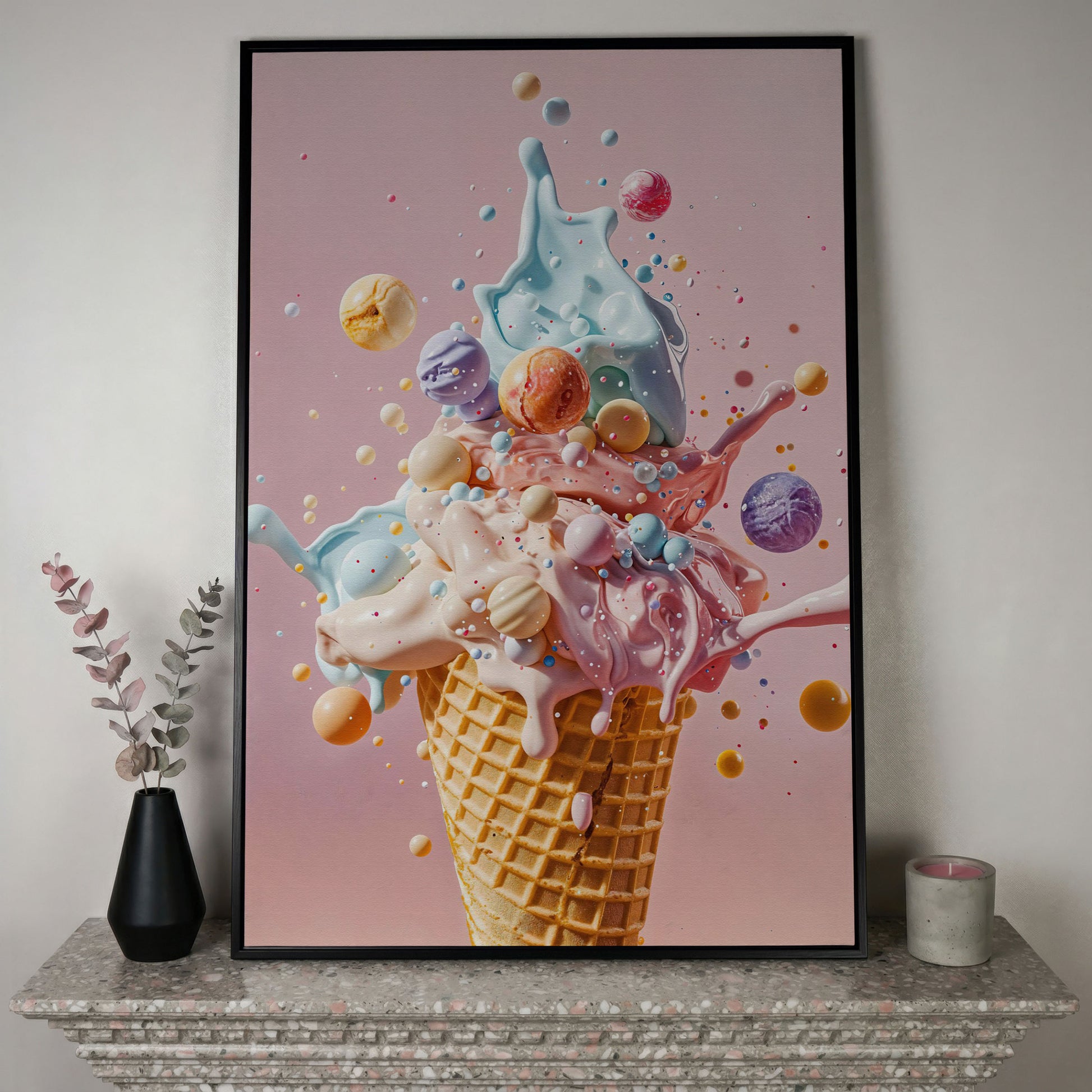 Pastel Ice Cream Canvas Print with Soft Color Palette in black floating frame