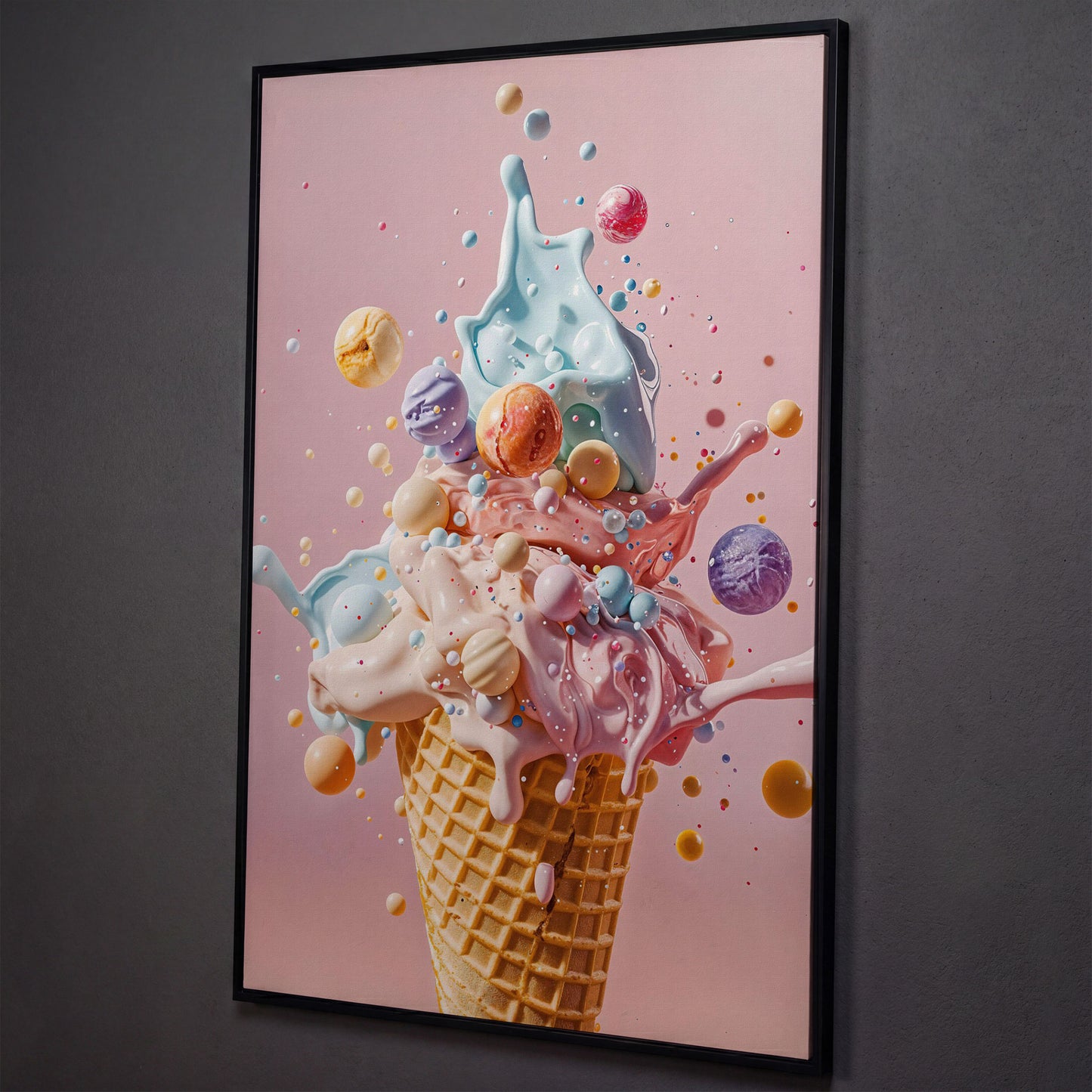 Pastel Ice Cream Canvas Print with Soft Color Palette shown in black floating frame