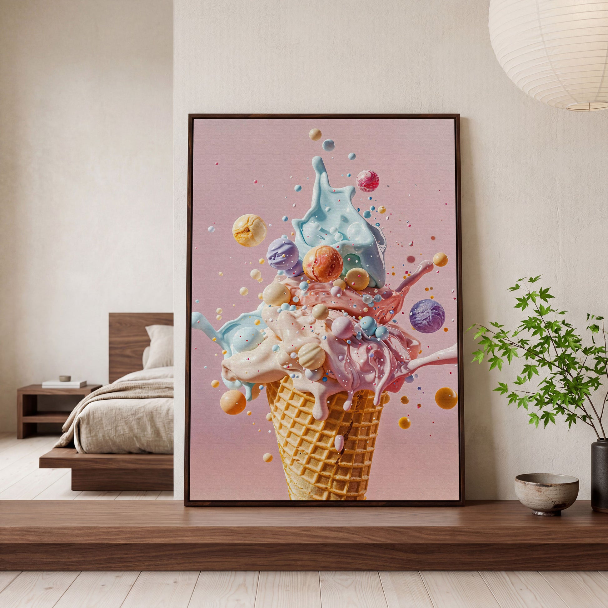 Pastel Ice Cream Canvas Print with Soft Color Palette in dark walnut floating frame
