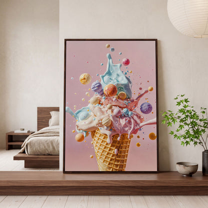 Pastel Ice Cream Canvas Print with Soft Color Palette in dark walnut floating frame