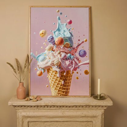 Pastel Ice Cream Canvas Print with Soft Color Palette in white oak floating frame