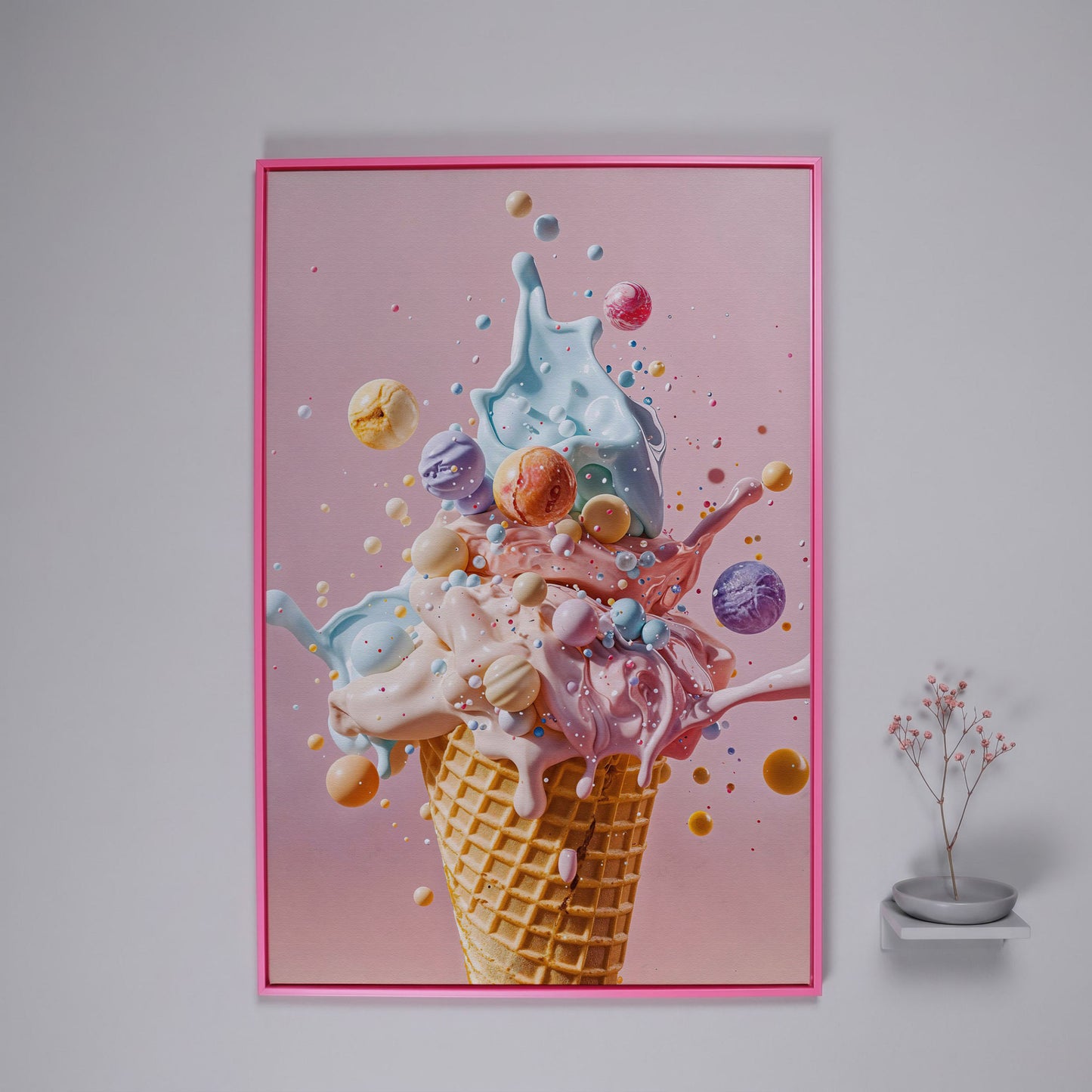 Pastel Ice Cream Canvas Print with Soft Color Palette in pink floating frame