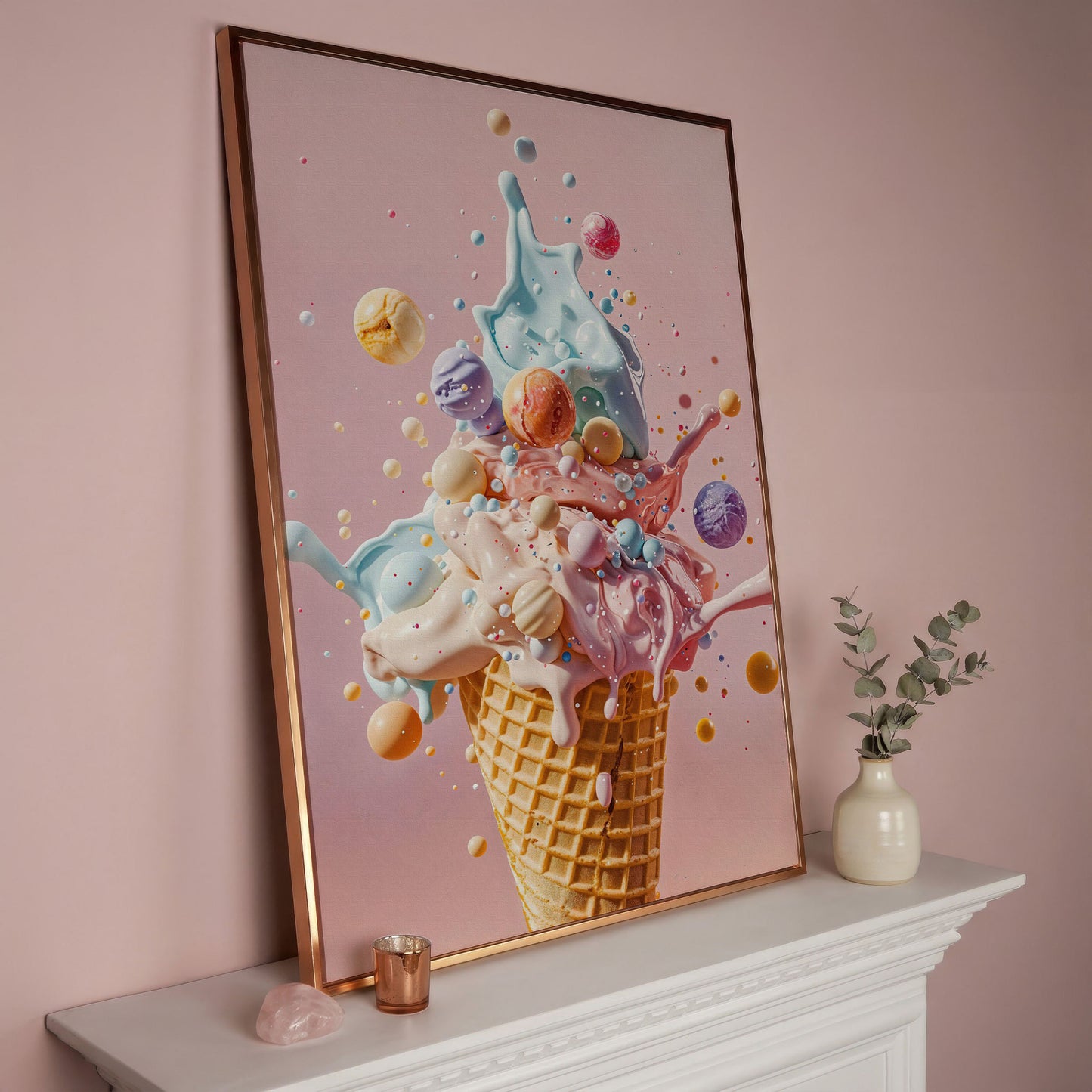 Pastel Ice Cream Canvas Print with Soft Color Palette in rose gold floating frame