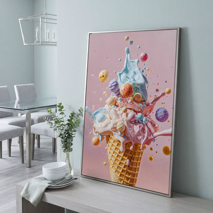 Pastel Ice Cream Canvas Print with Soft Color Palette in silver floating frame