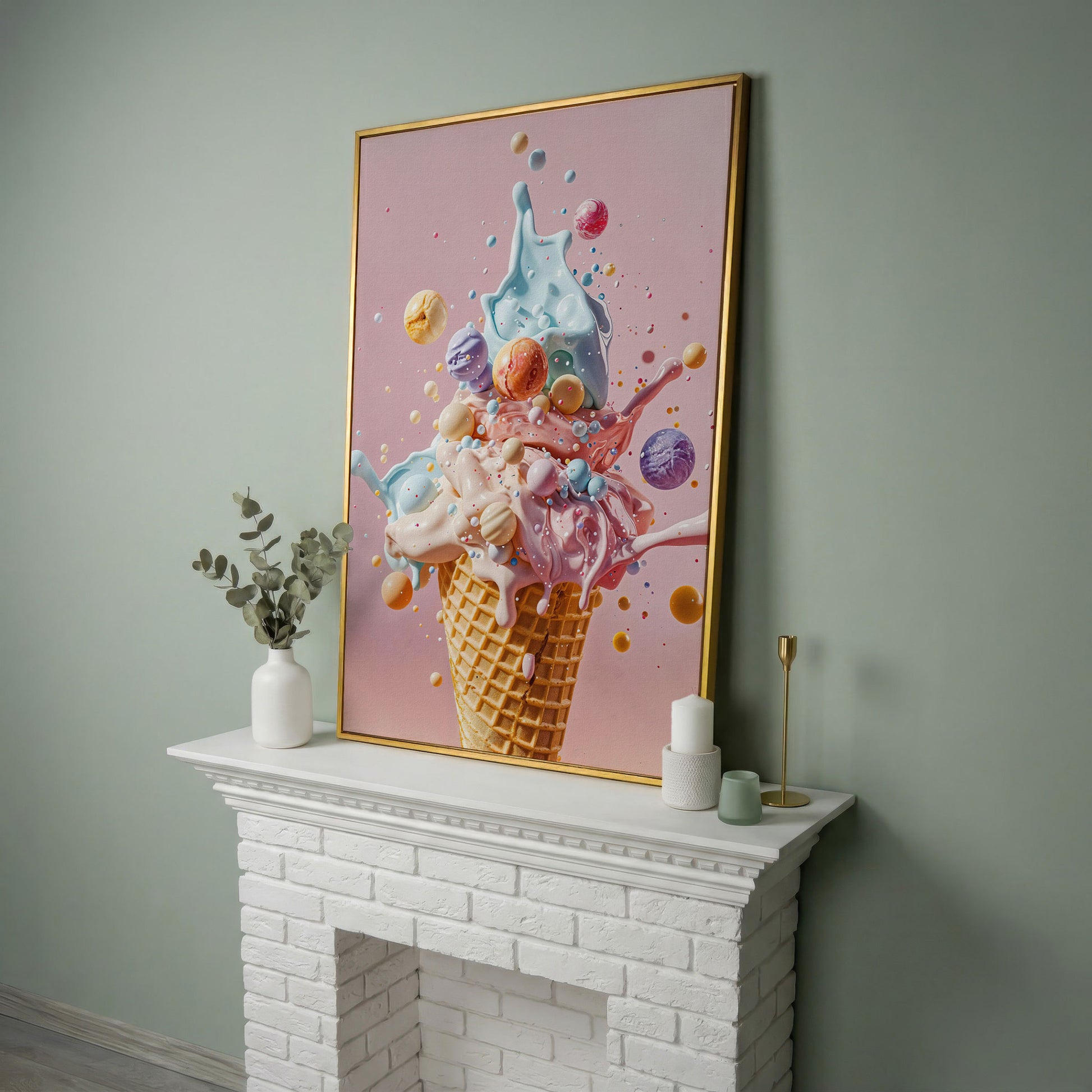 Pastel Ice Cream Canvas Print with Soft Color Palette in yellow gold floating frame