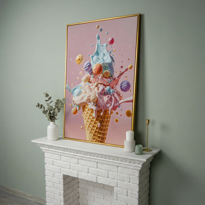 Pastel Ice Cream Canvas Print with Soft Color Palette in yellow gold floating frame