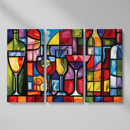 Geometric Wine Bottles & Cocktails Canvas as 3-panel split version