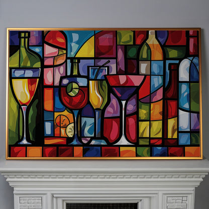 Geometric Wine Bottles & Cocktails Canvas in antique gold floating frame