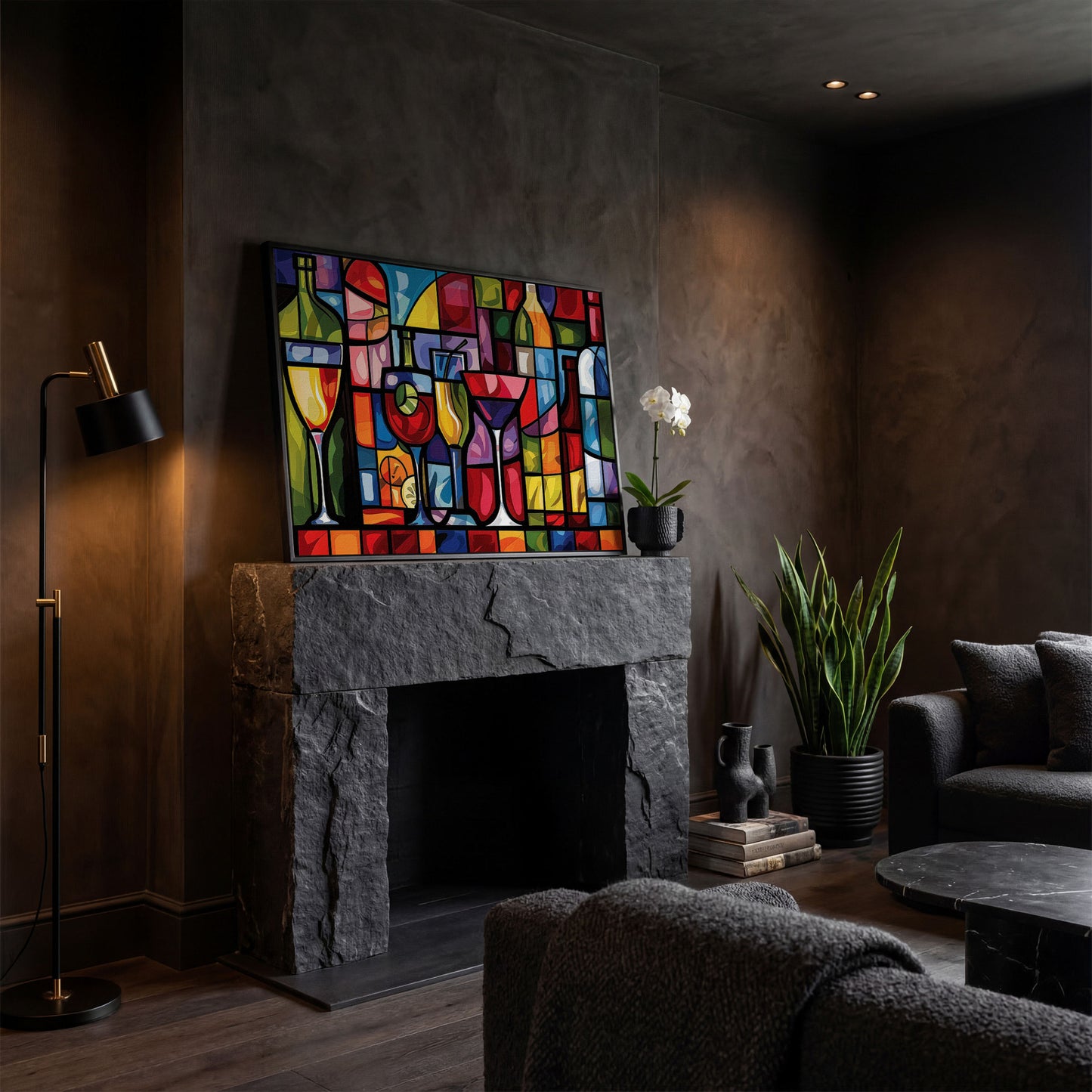 Geometric Wine Bottles & Cocktails Canvas in black floating frame