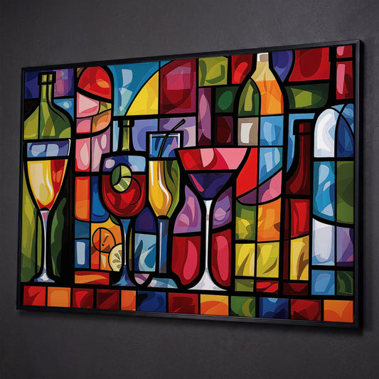 Geometric Wine Bottles & Cocktails Canvas shown in black floating frame