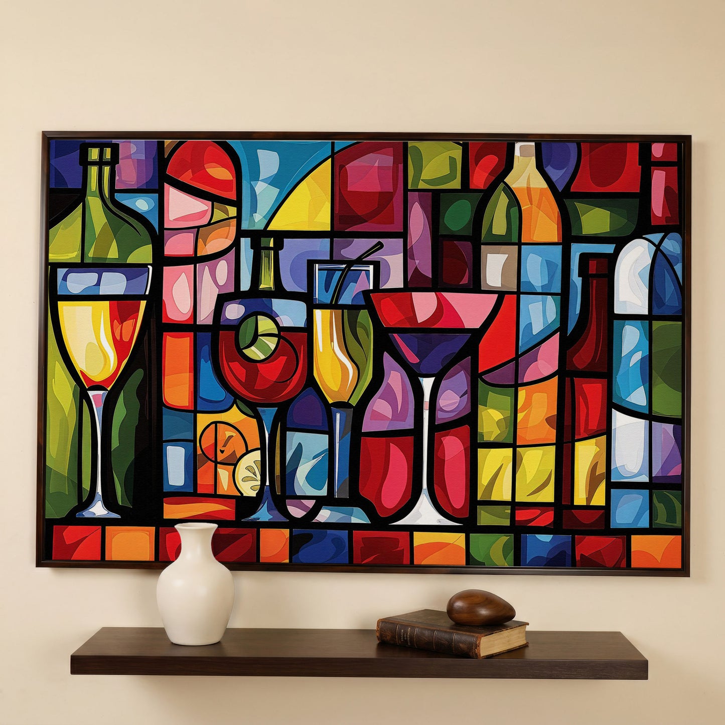 Geometric Wine Bottles & Cocktails Canvas in dark walnut floating frame