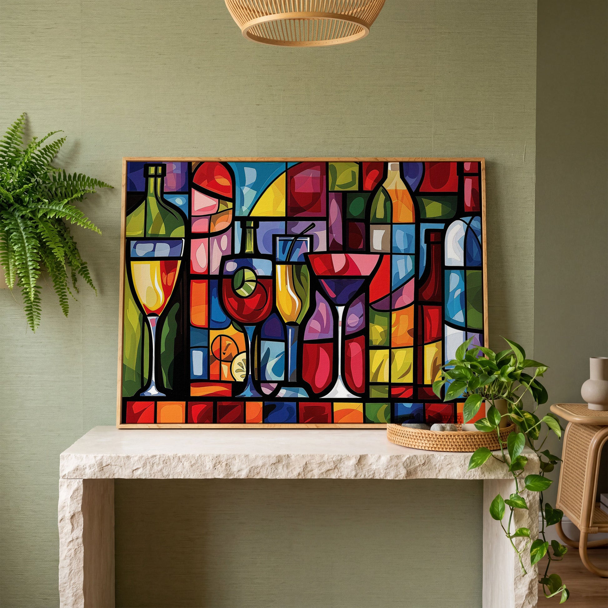 Geometric Wine Bottles & Cocktails Canvas in white oak floating frame