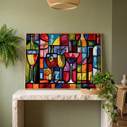 Geometric Wine Bottles & Cocktails Canvas in white oak floating frame