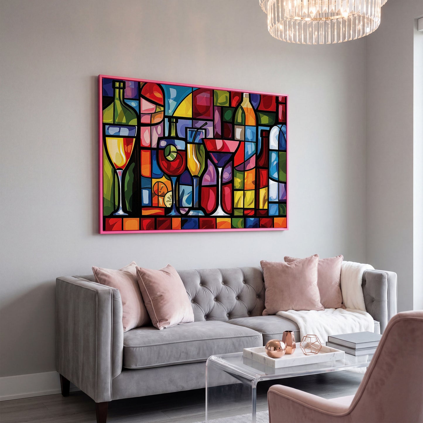 Geometric Wine Bottles & Cocktails Canvas in pink floating frame