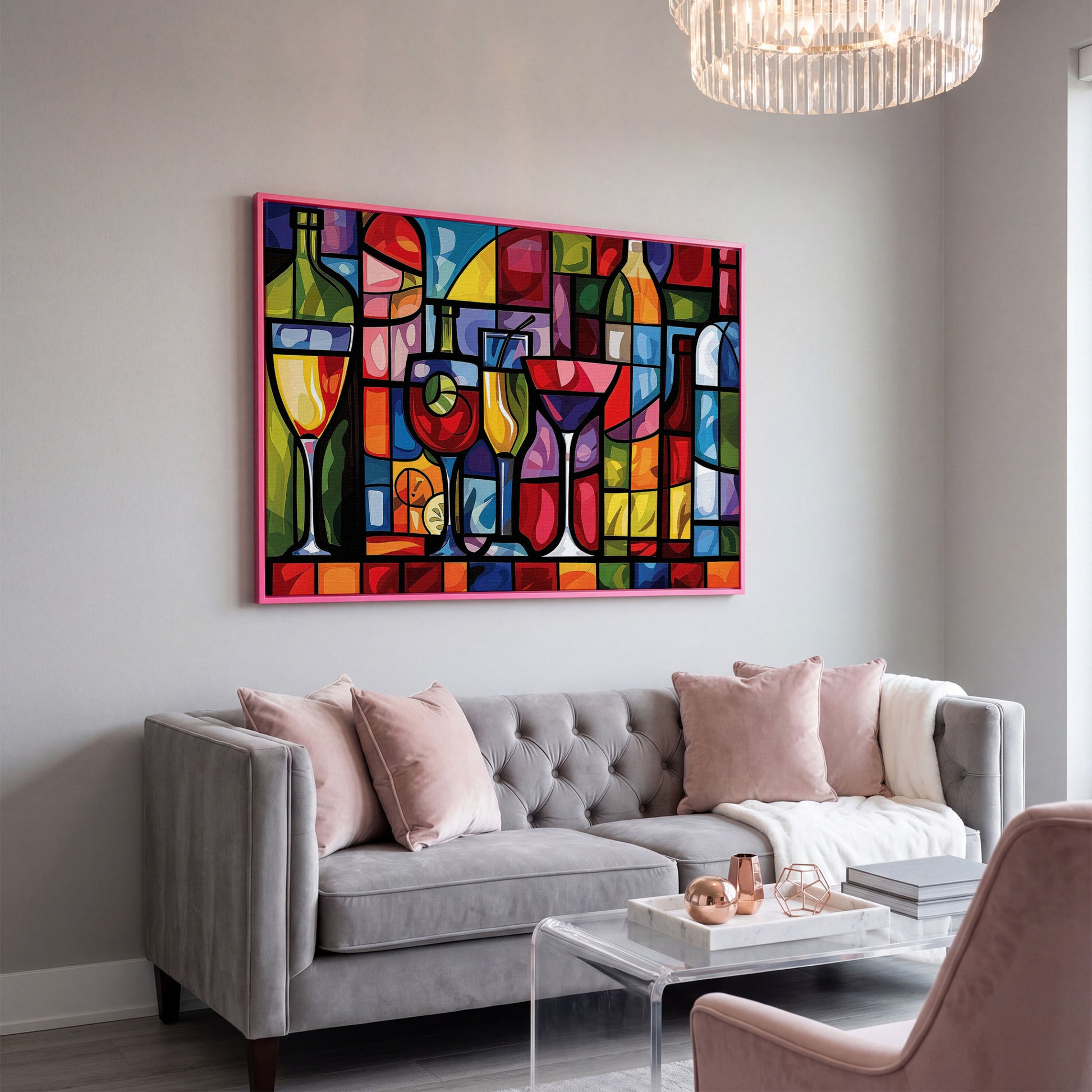 Geometric Wine Bottles & Cocktails Canvas in pink floating frame