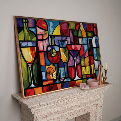 Geometric Wine Bottles & Cocktails Canvas in rose gold floating frame