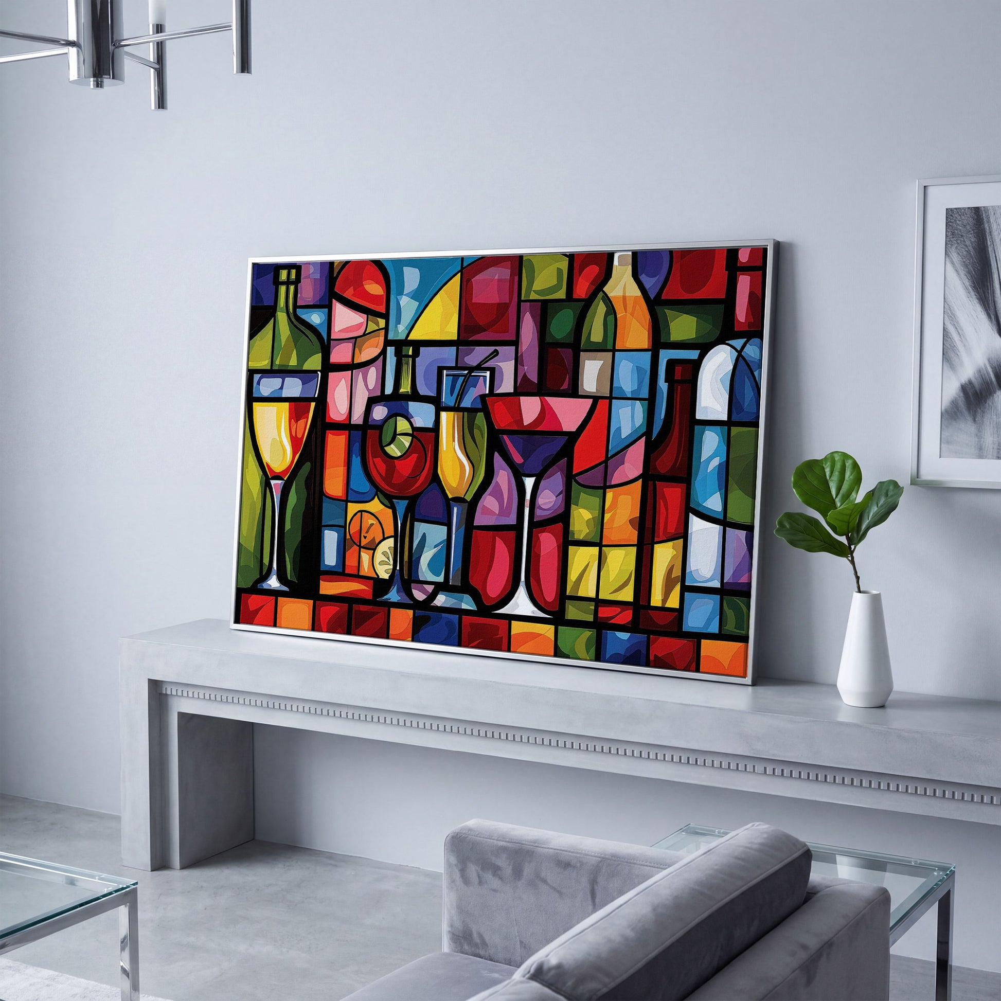 Geometric Wine Bottles & Cocktails Canvas in silver floating frame