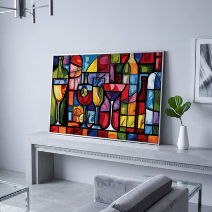 Geometric Wine Bottles & Cocktails Canvas in silver floating frame