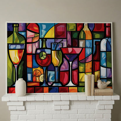 Geometric Wine Bottles & Cocktails Canvas in white floating frame