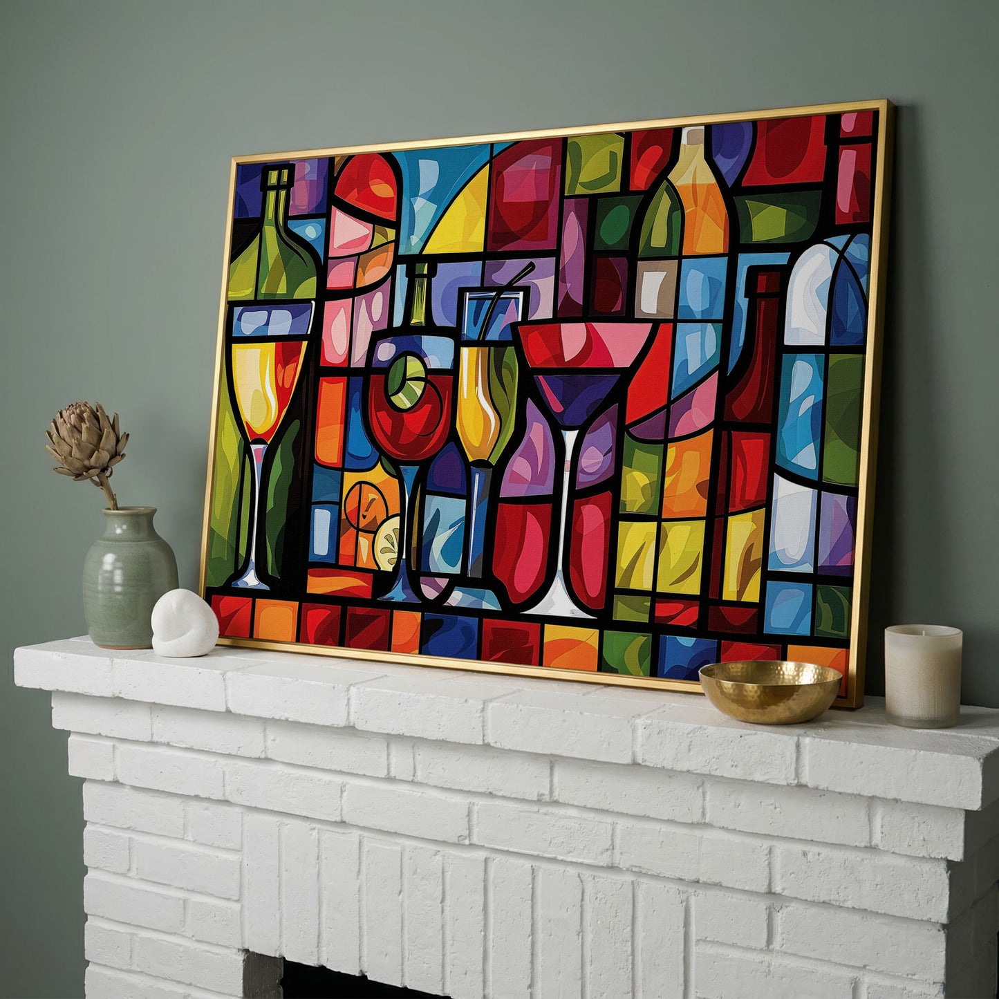 Geometric Wine Bottles & Cocktails Canvas in yellow gold floating frame
