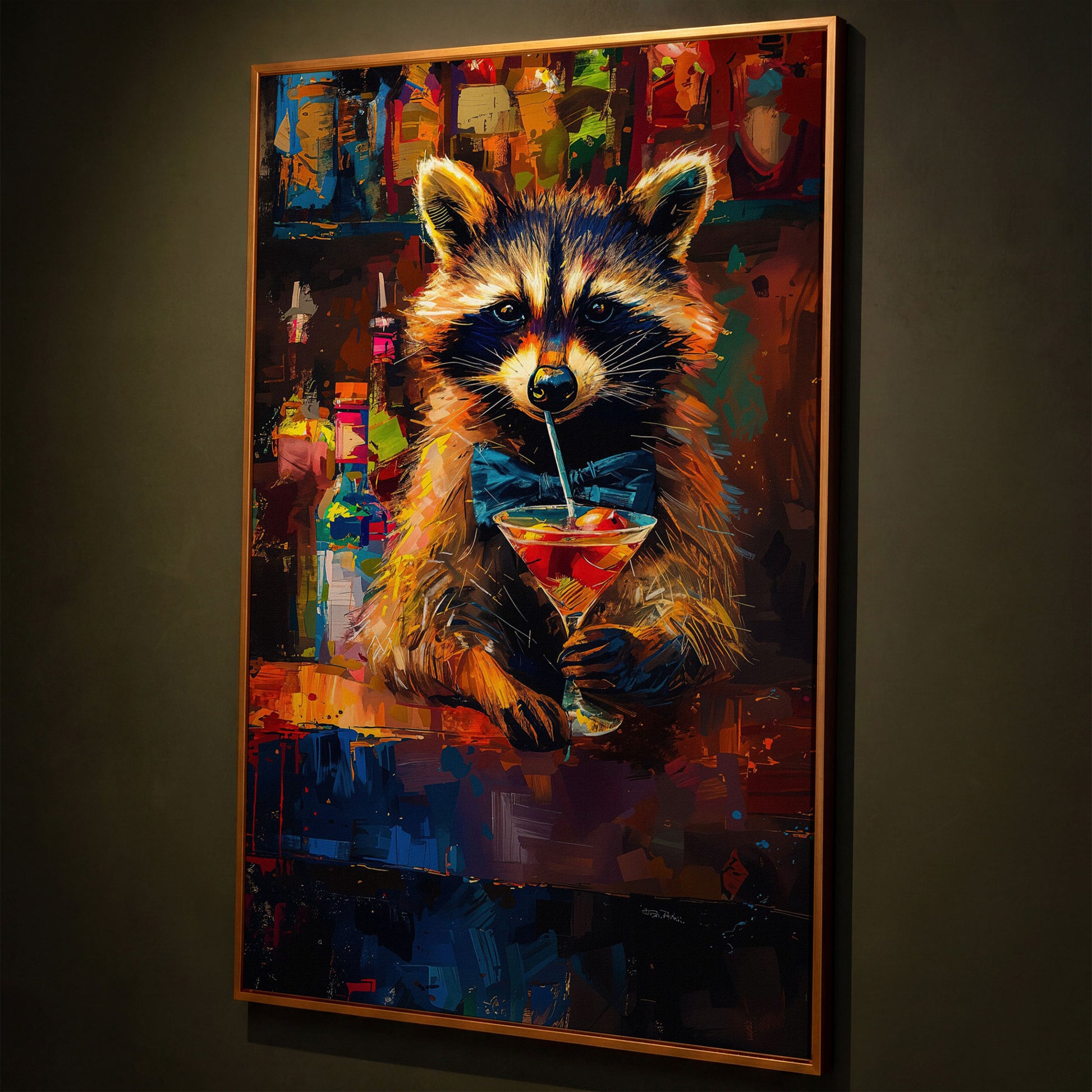 Raccoon at the Bar Canvas Print shown in antique gold floating frame