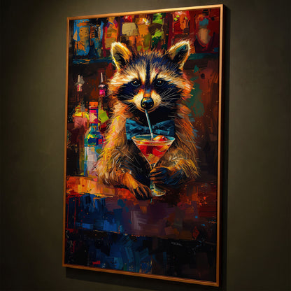 Raccoon at the Bar Canvas Print shown in antique gold floating frame