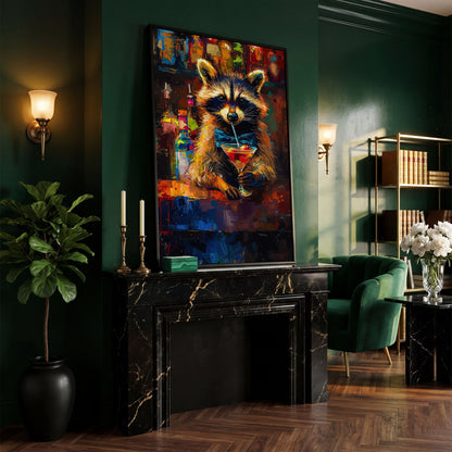 Raccoon at the Bar Canvas Print in black floating frame