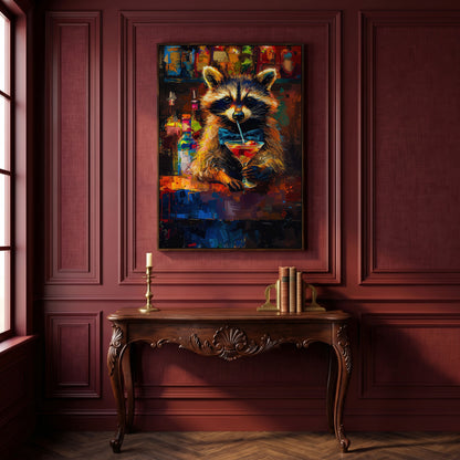 Raccoon at the Bar Canvas Print in dark walnut floating frame