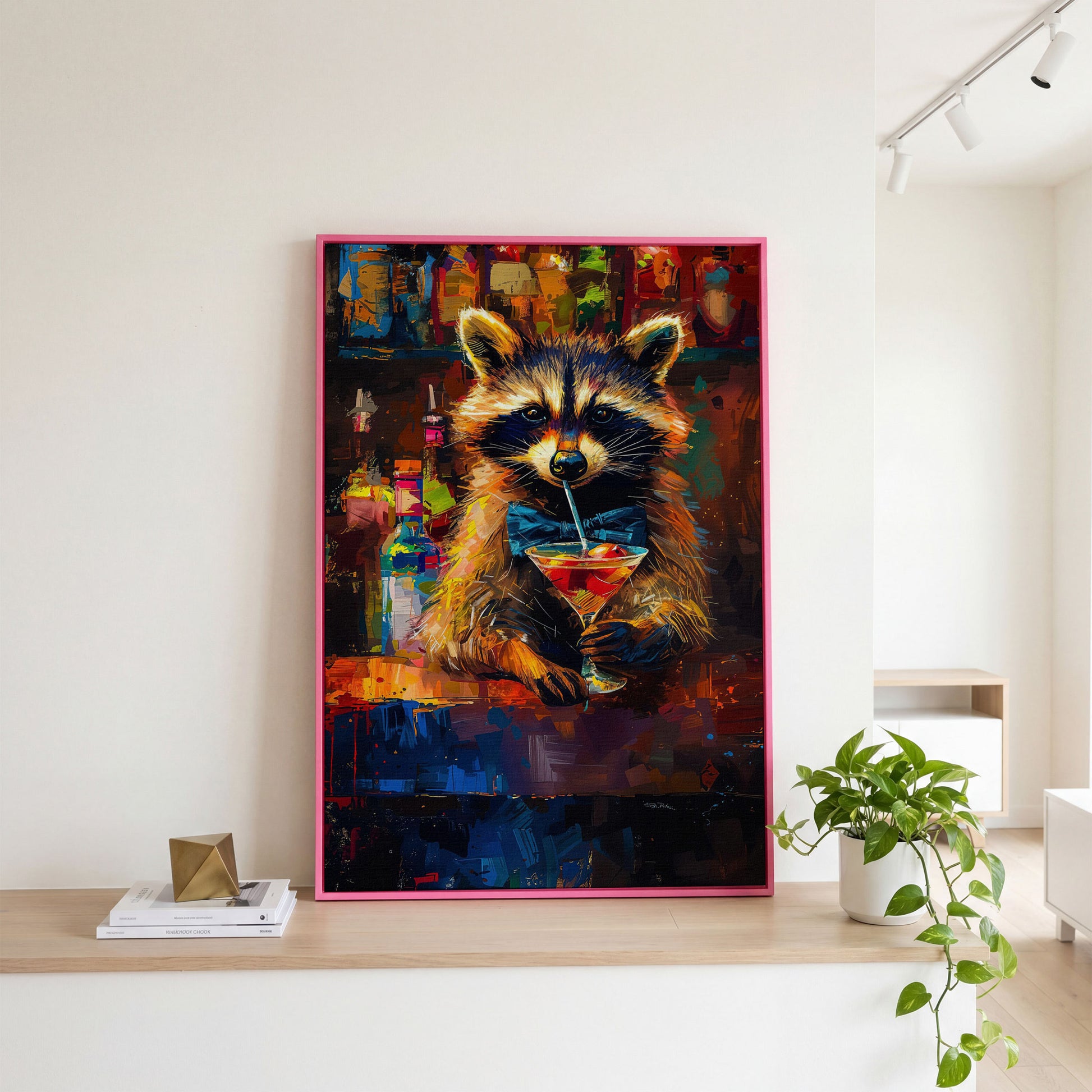 Raccoon at the Bar Canvas Print in pink floating frame