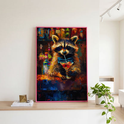 Raccoon at the Bar Canvas Print in pink floating frame