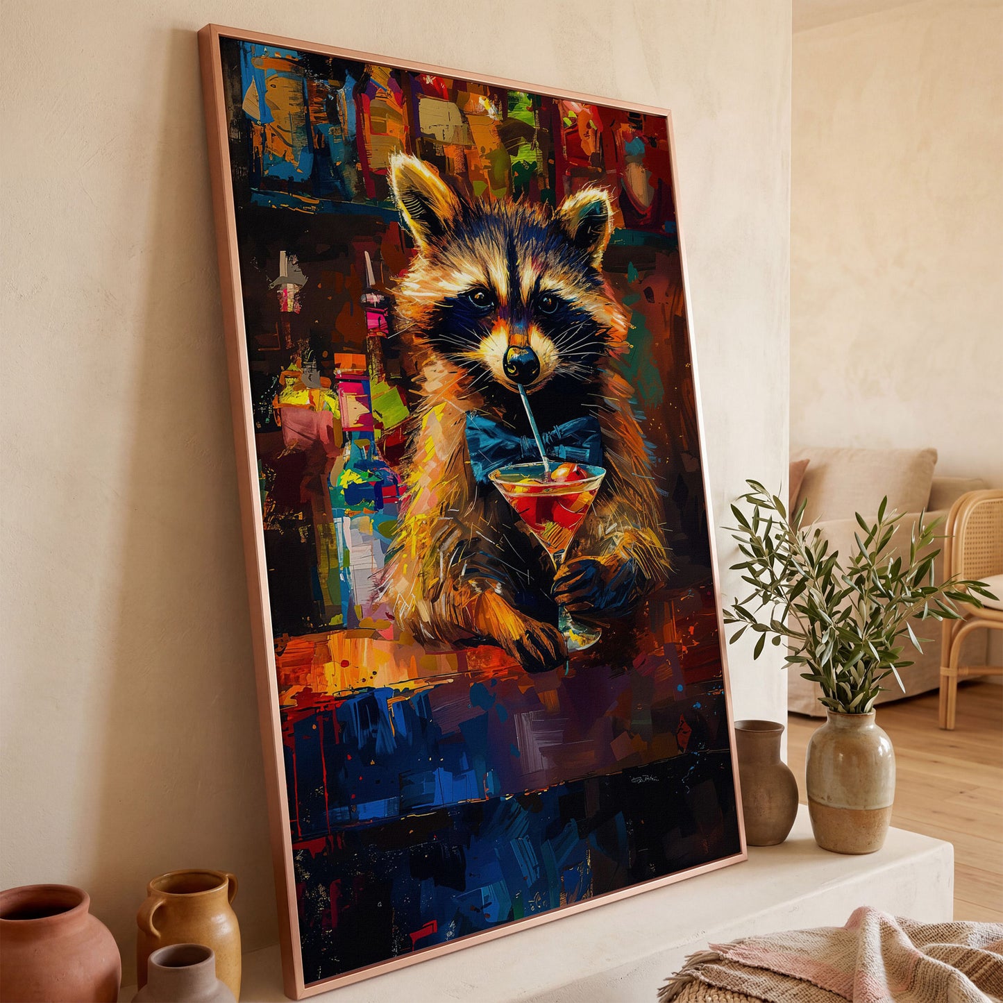 Raccoon at the Bar Canvas Print in rose gold floating frame