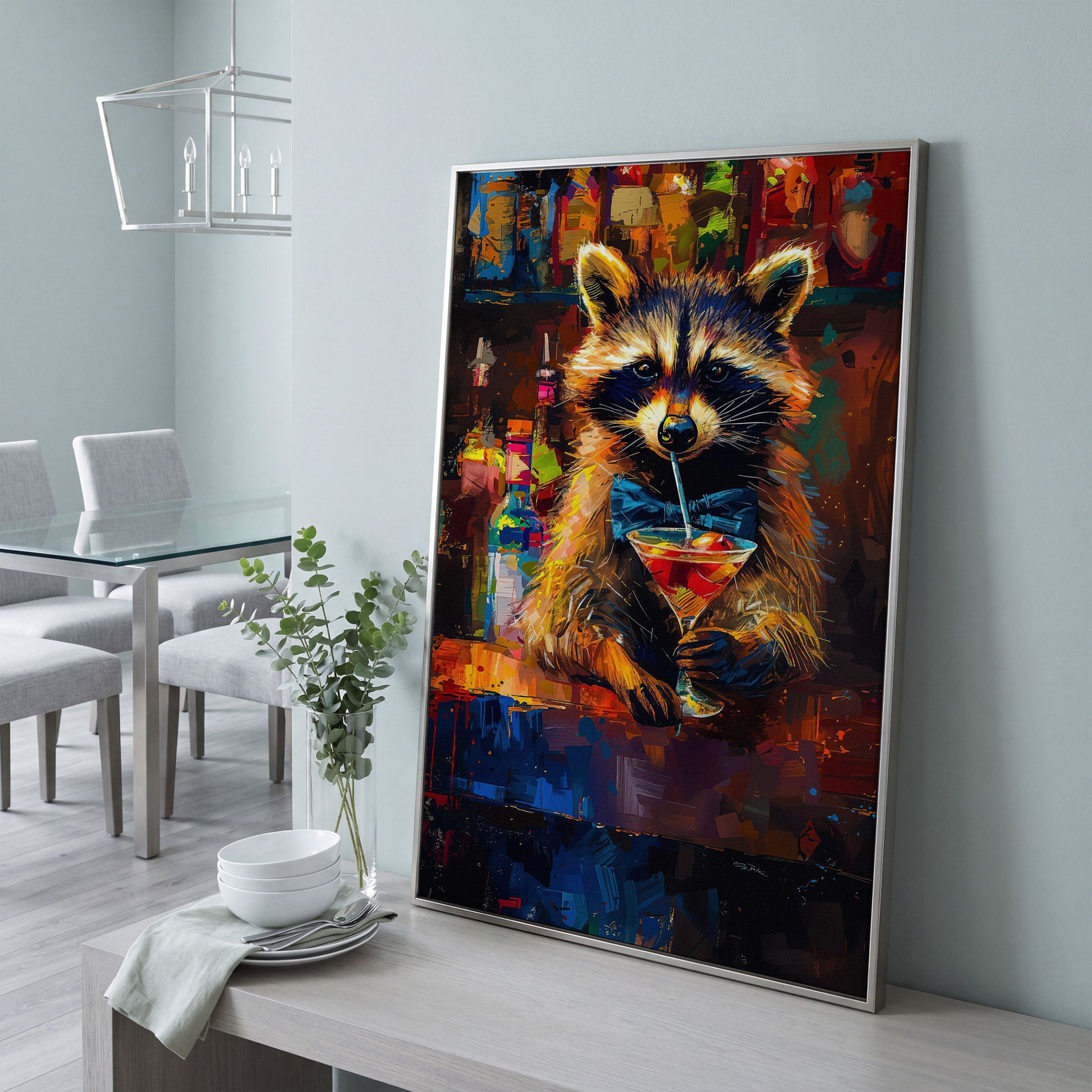 Raccoon at the Bar Canvas Print in silver floating frame