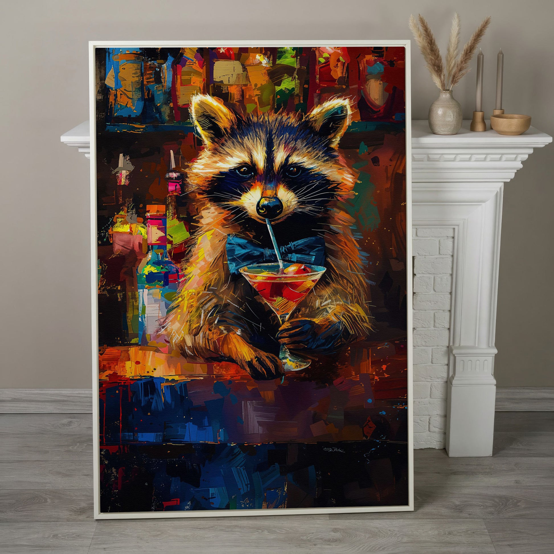 Raccoon at the Bar Canvas Print in white floating frame