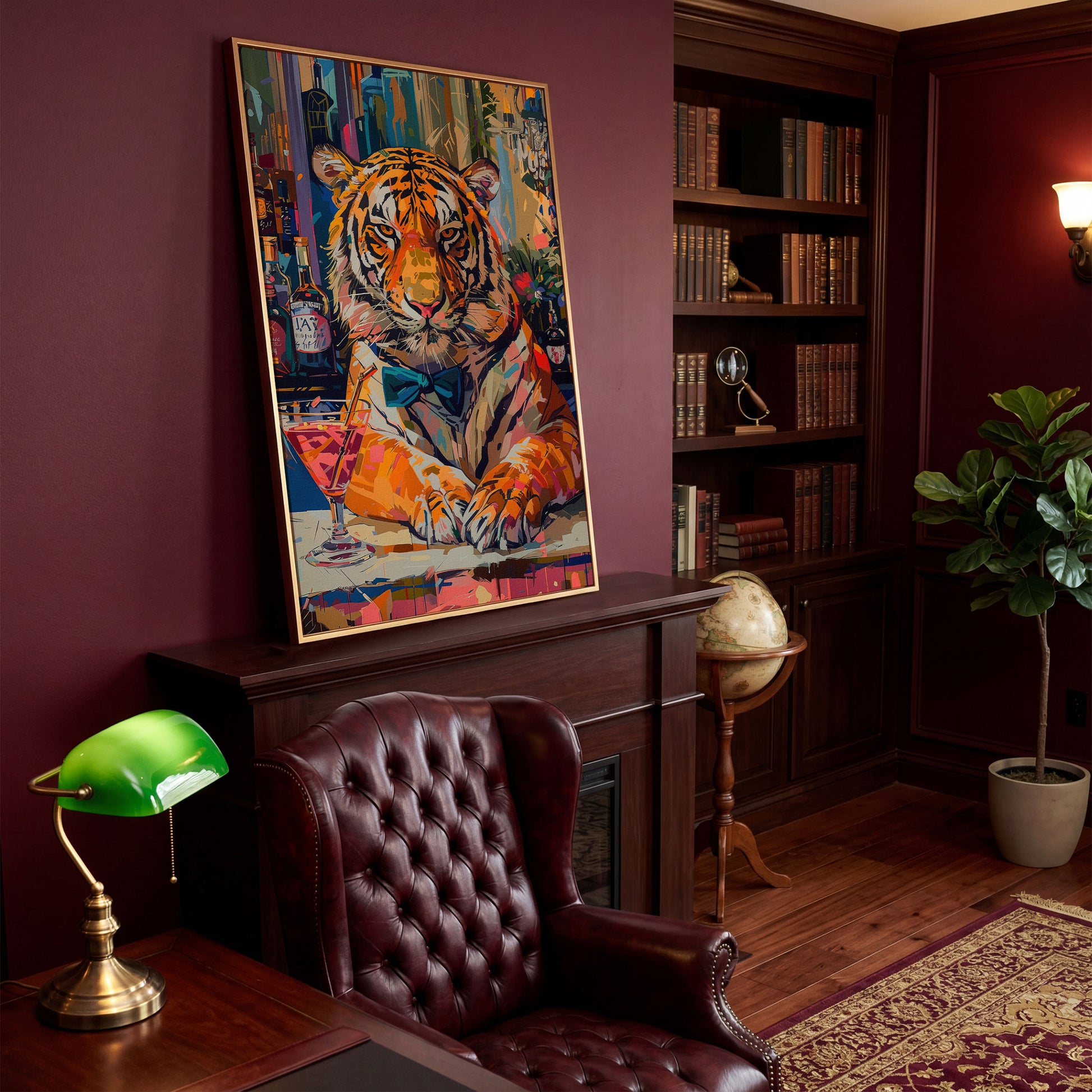 Colorful Abstract Tiger with Cocktail Canvas in antique gold floating frame
