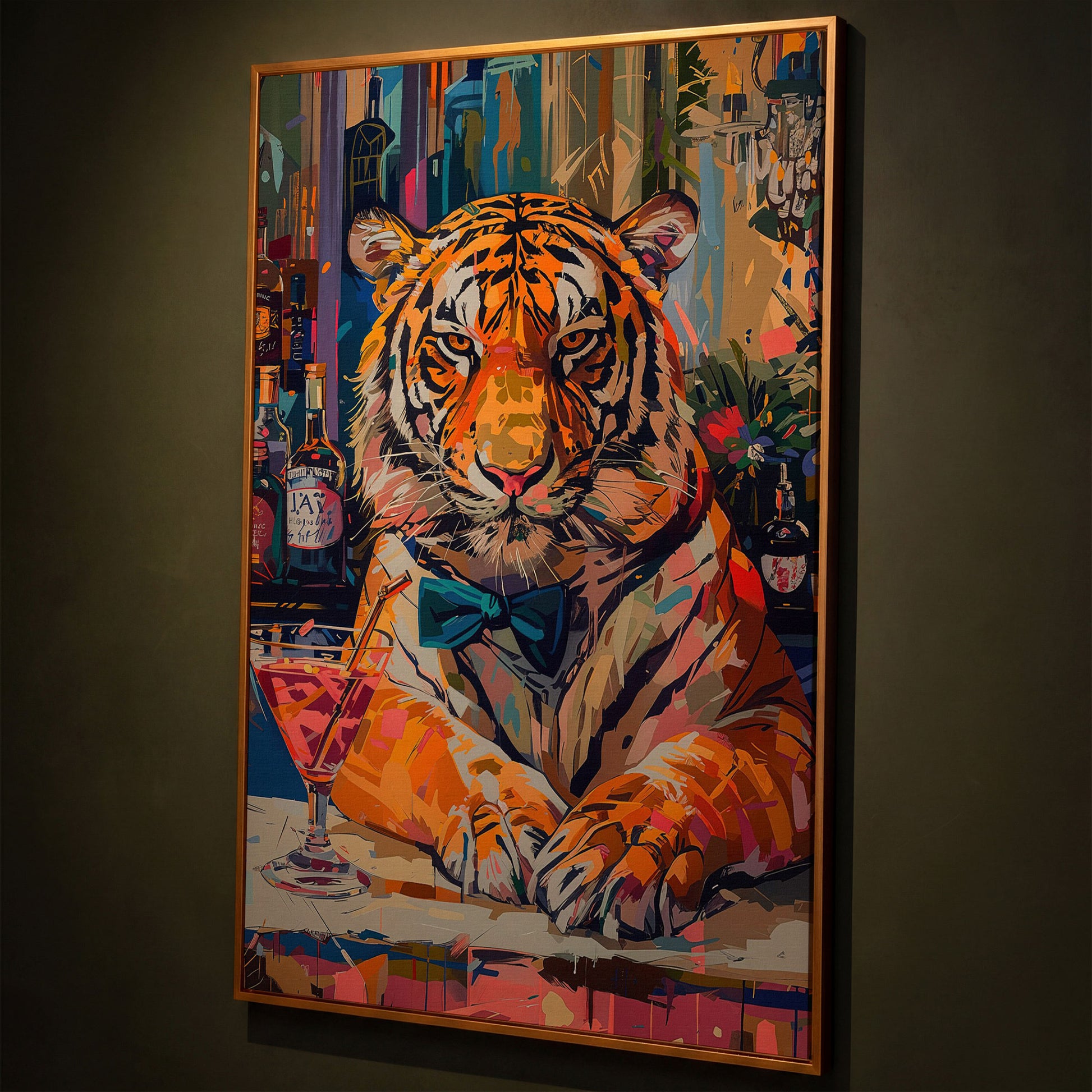 Colorful Abstract Tiger with Cocktail Canvas shown in antique gold floating frame