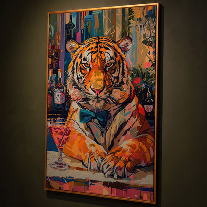 Colorful Abstract Tiger with Cocktail Canvas shown in antique gold floating frame