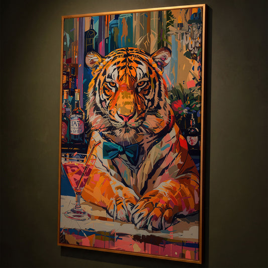Colorful Abstract Tiger with Cocktail Canvas shown in antique gold floating frame