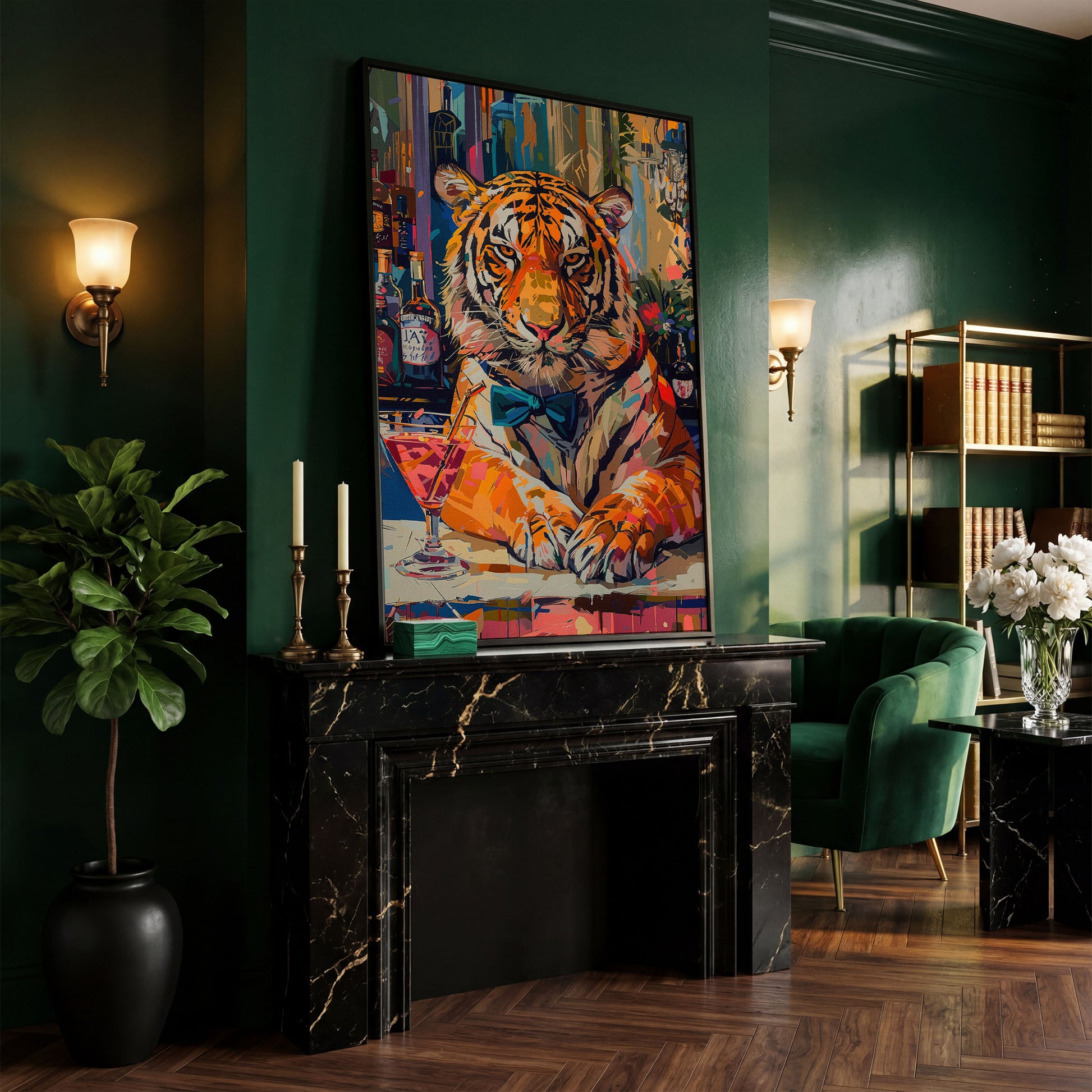 Colorful Abstract Tiger with Cocktail Canvas in black floating frame