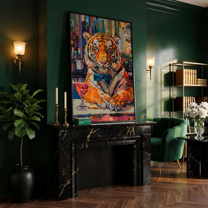 Colorful Abstract Tiger with Cocktail Canvas in black floating frame