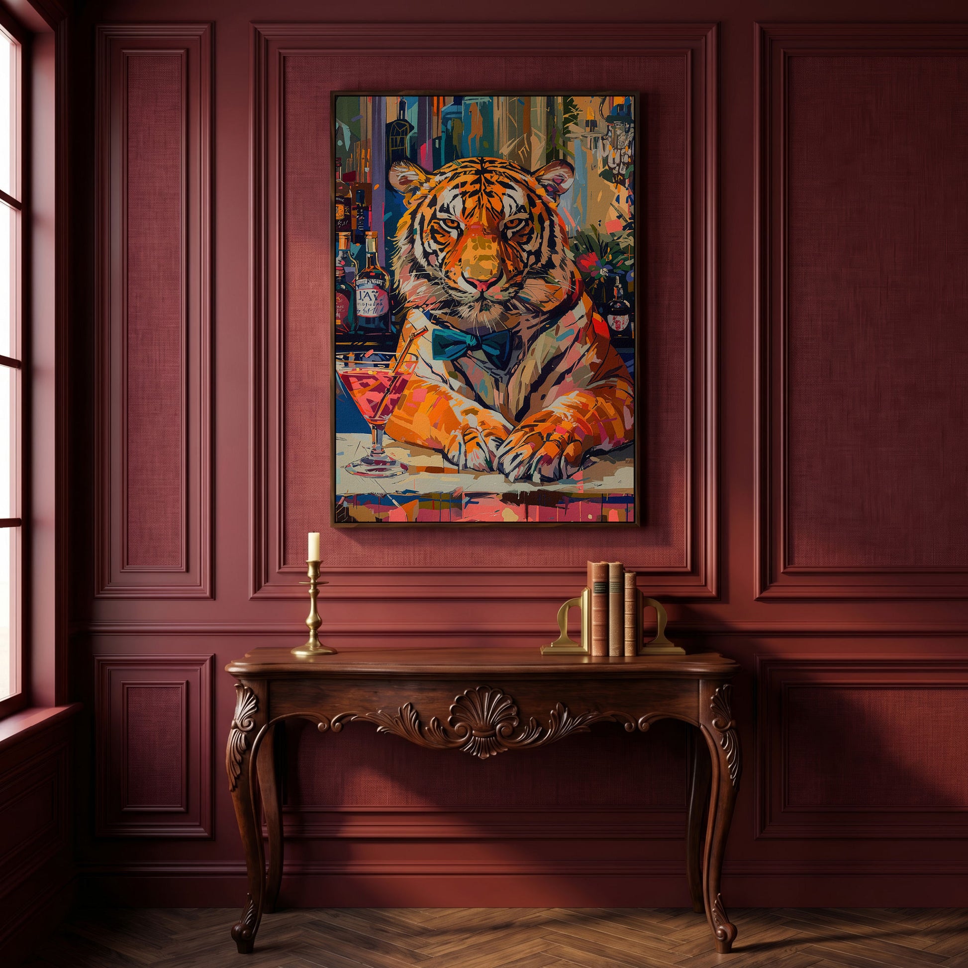 Colorful Abstract Tiger with Cocktail Canvas in dark walnut floating frame