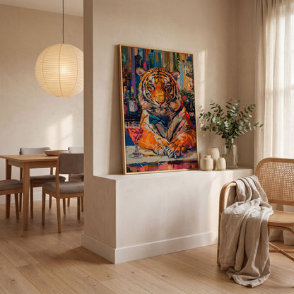 Colorful Abstract Tiger with Cocktail Canvas in white oak floating frame