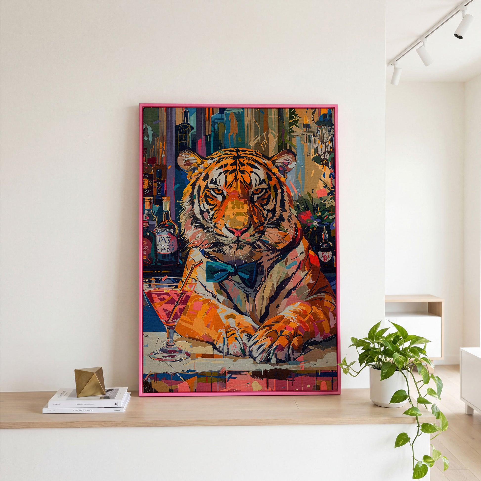 Colorful Abstract Tiger with Cocktail Canvas in pink floating frame