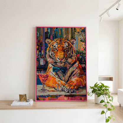Colorful Abstract Tiger with Cocktail Canvas in pink floating frame