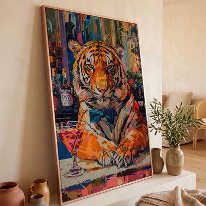 Colorful Abstract Tiger with Cocktail Canvas in rose gold floating frame
