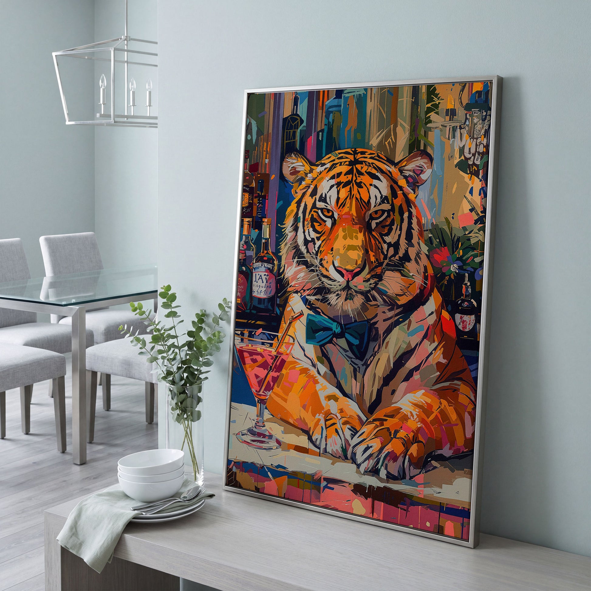 Colorful Abstract Tiger with Cocktail Canvas in silver floating frame