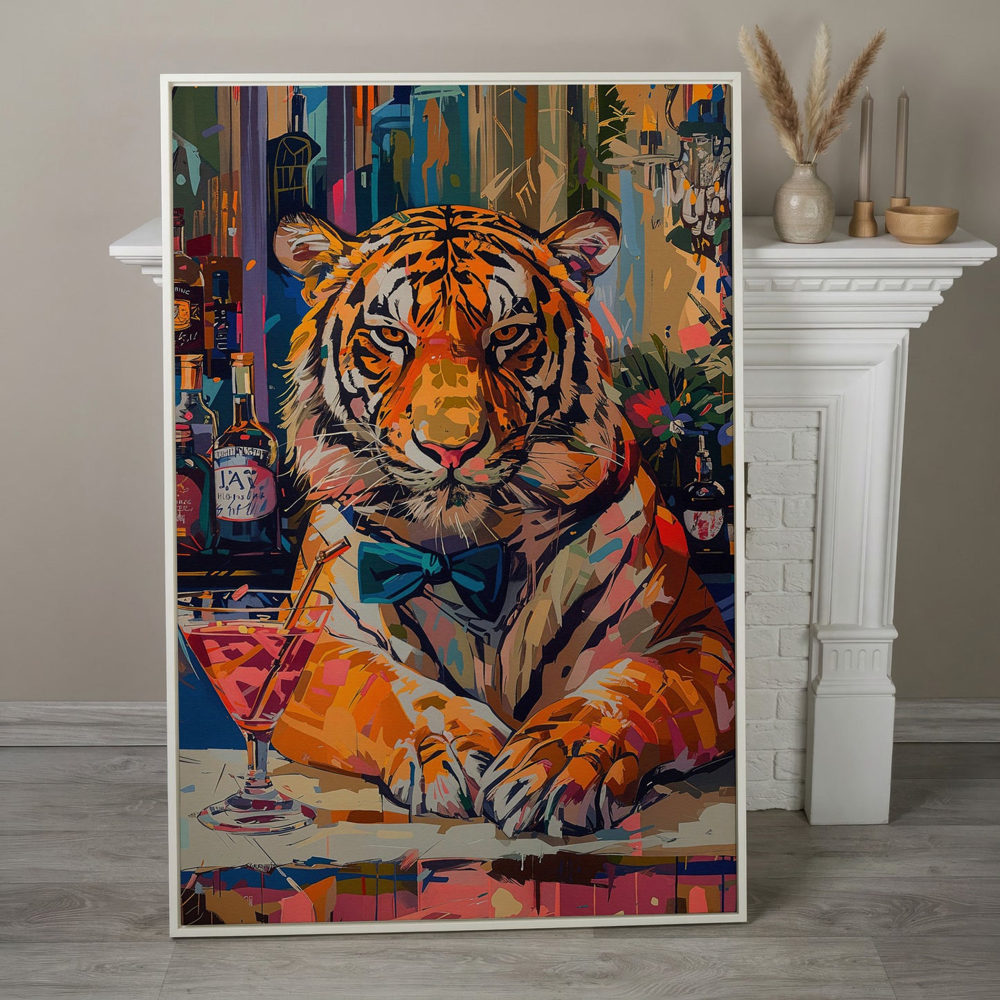 Colorful Abstract Tiger with Cocktail Canvas in white floating frame