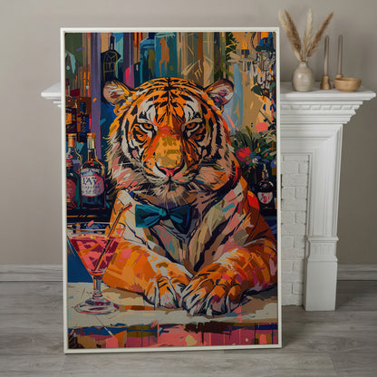 Colorful Abstract Tiger with Cocktail Canvas in white floating frame