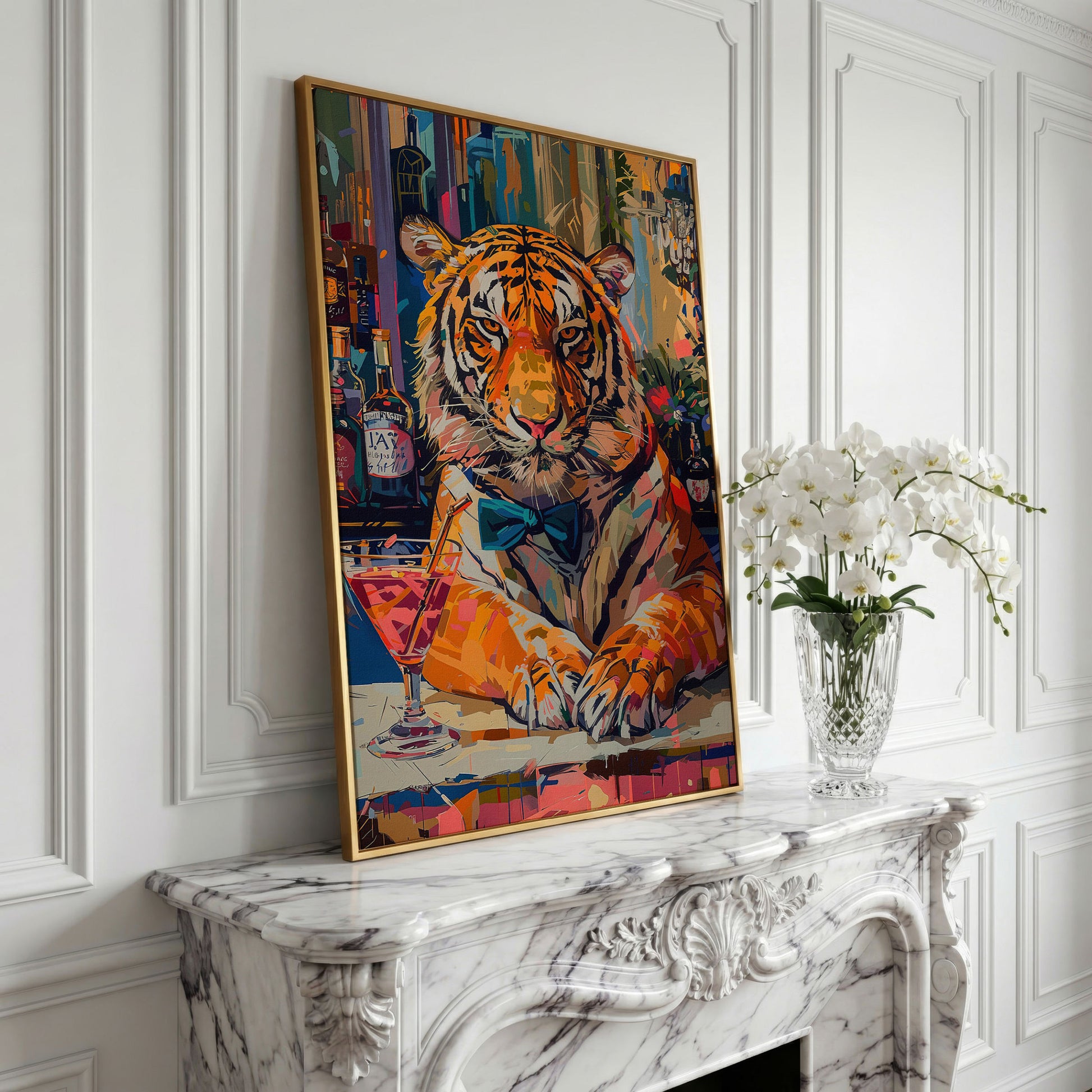 Colorful Abstract Tiger with Cocktail Canvas in yellow gold floating frame
