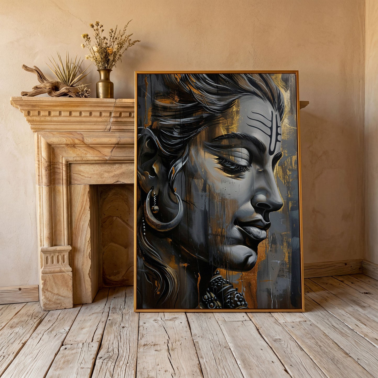 Lord Shiva Canvas Print in Charcoal and Gold in antique gold floating frame