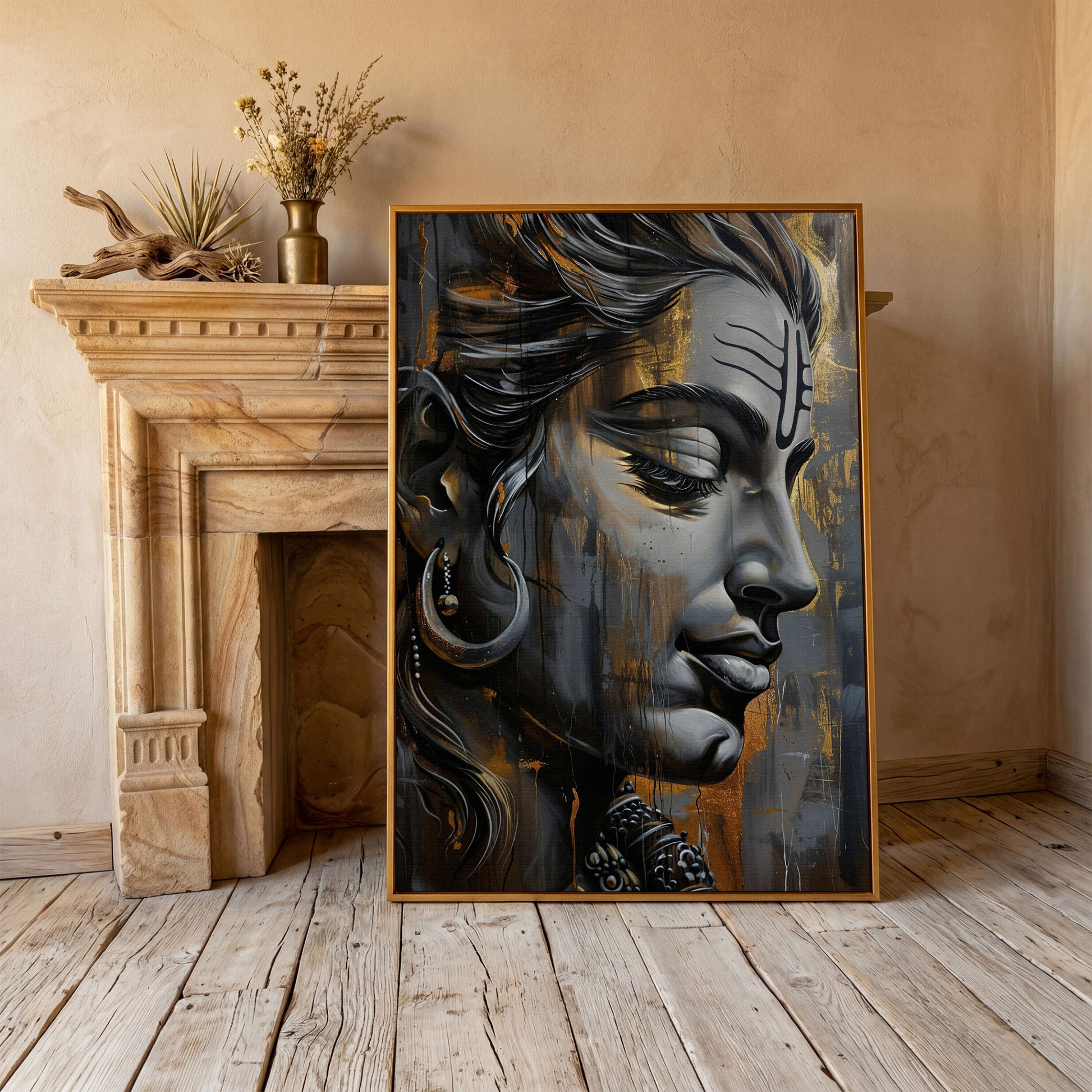 Lord Shiva Canvas Print in Charcoal and Gold in antique gold floating frame